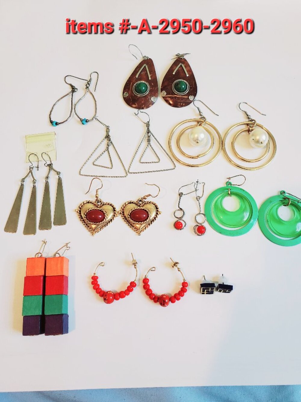11 Pair of pierced Earrings, items # A -2950-2960. wt. 89. grams.